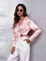 Collared Neck Buttoned Long Sleeve Shirt - Trendsi - Flyclothing LLC