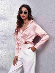Collared Neck Buttoned Long Sleeve Shirt - Trendsi