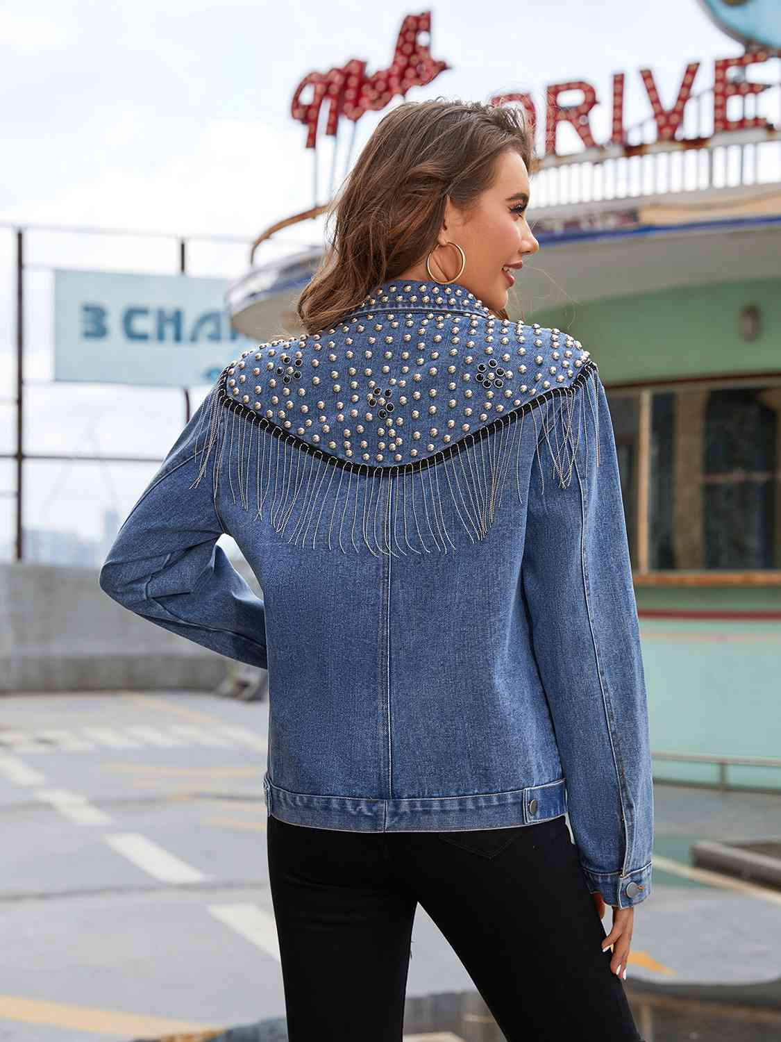 Studded Fringe Button Down Denim Jacket - Trendsi - Flyclothing LLC