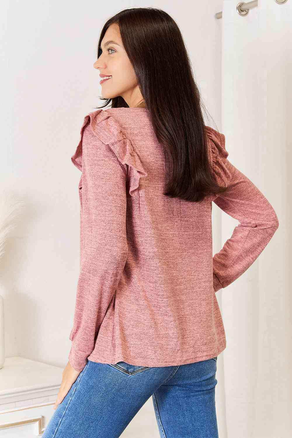 Double Take Square Neck Ruffle Shoulder Long Sleeve T-Shirt - Trendsi - Flyclothing LLC