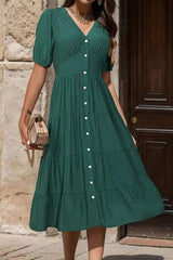 V-Neck Button Up Balloon Sleeve Midi Dress - Trendsi - Flyclothing LLC