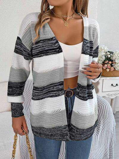 Openwork Striped Open Front Cardigan - Trendsi