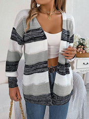 Openwork Striped Open Front Cardigan - Trendsi