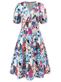 Ruched Printed Surplice Short Sleeve Dress - Trendsi - Flyclothing LLC