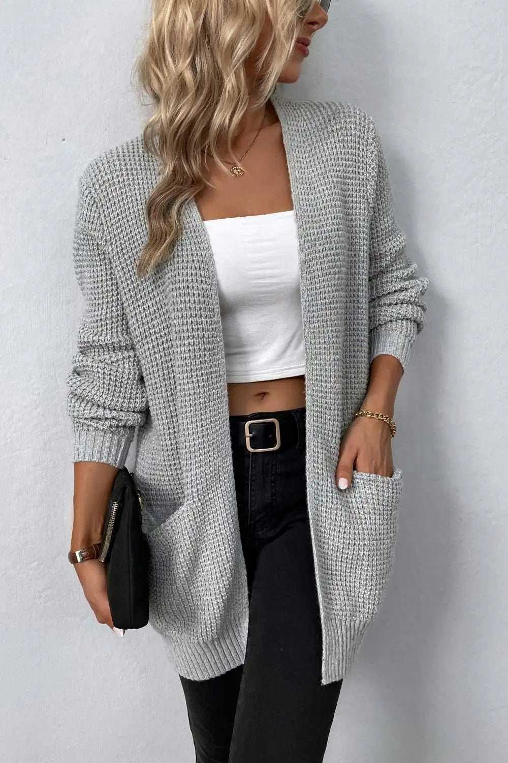 Rib-Knit Open Front Pocketed Cardigan - Trendsi - Flyclothing LLC