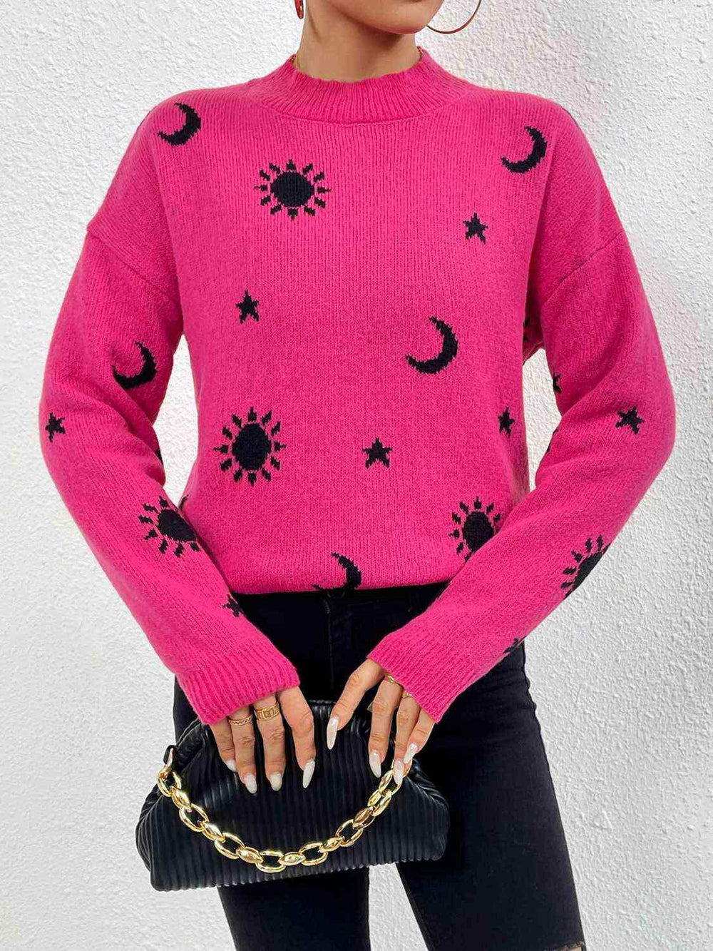Patterned Drop Shoulder Sweater - Trendsi - Flyclothing LLC