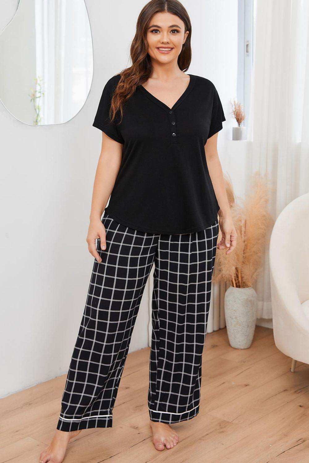 Plus Size V-Neck Top and Plaid Pants Lounge Set - Trendsi - Flyclothing LLC