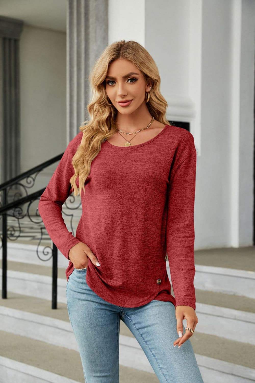 Round Neck Long Sleeve T-Shirt - Trendsi - Flyclothing LLC