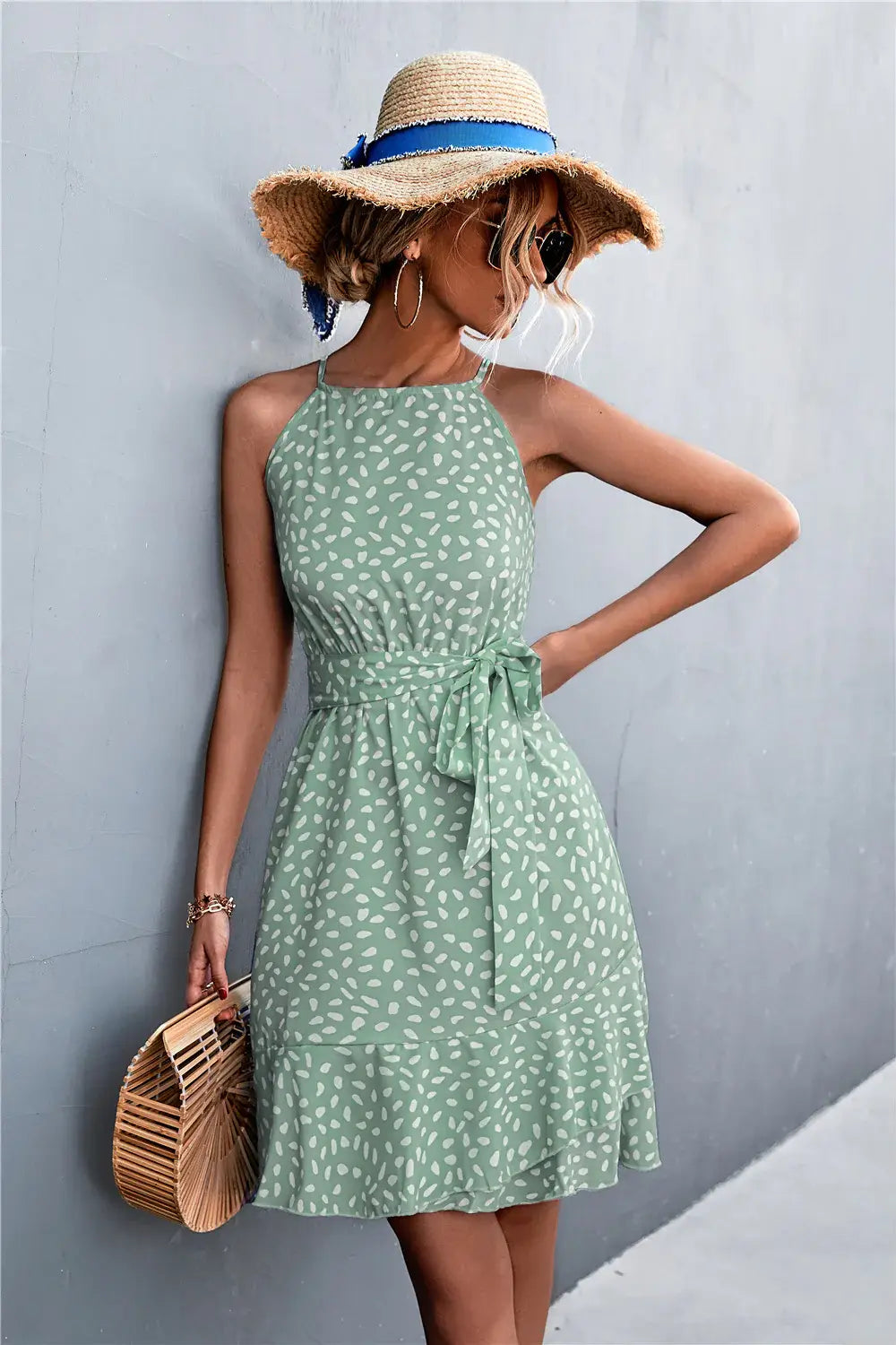 Printed Tie Waist Ruffle Hem Sleeveless Dress - Trendsi - Flyclothing LLC