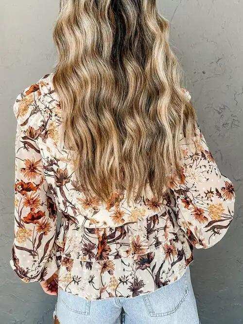 Drawstring Floral Lantern Sleeve Blouse - Trendsi - Flyclothing LLC