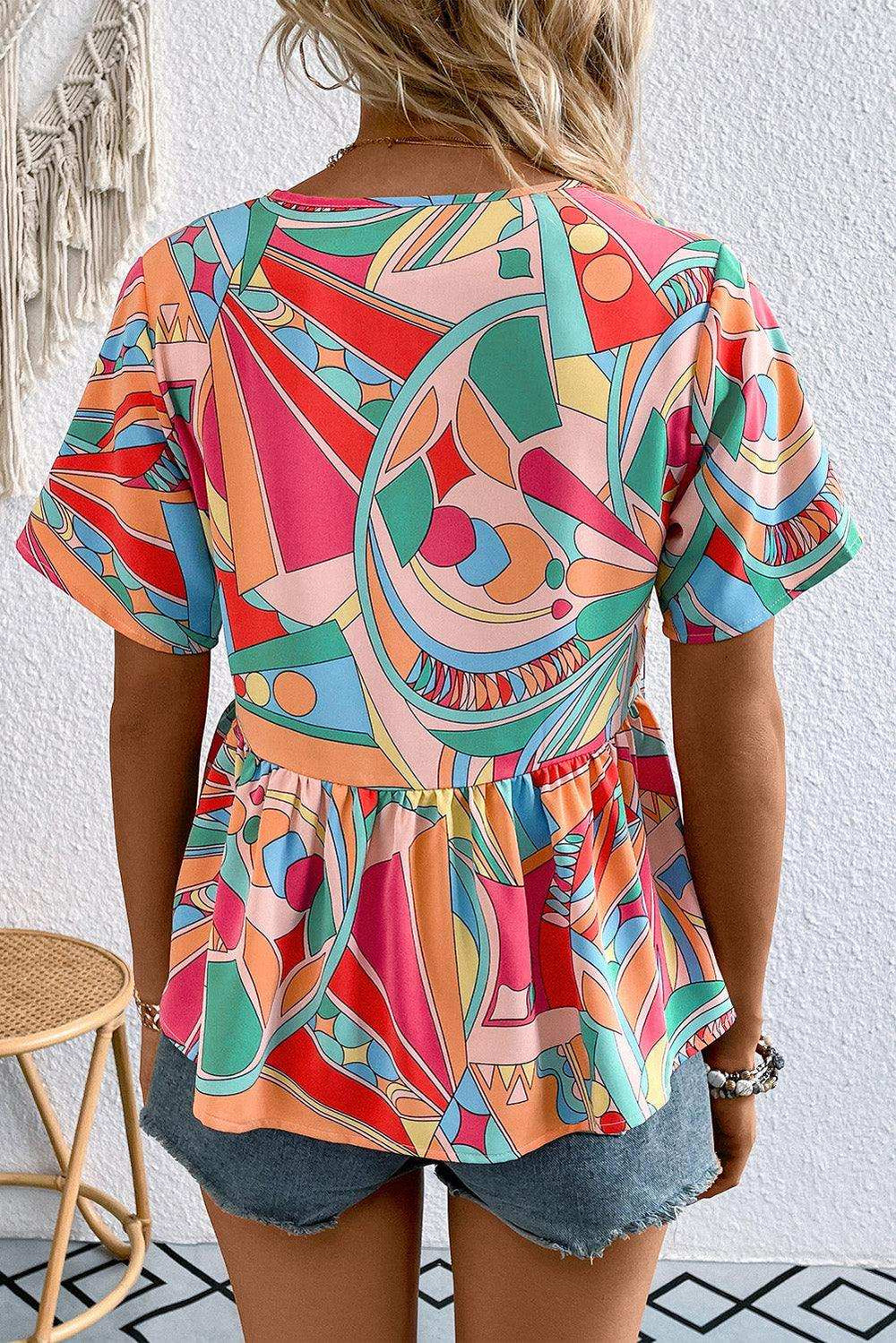 Printed Tie Neck Short Sleeve Blouse - Trendsi - Flyclothing LLC