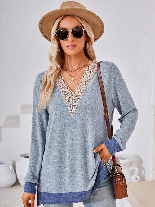 Crochet Contrast V-Neck Long Sleeve Slit T-Shirt - Trendsi - Flyclothing LLC