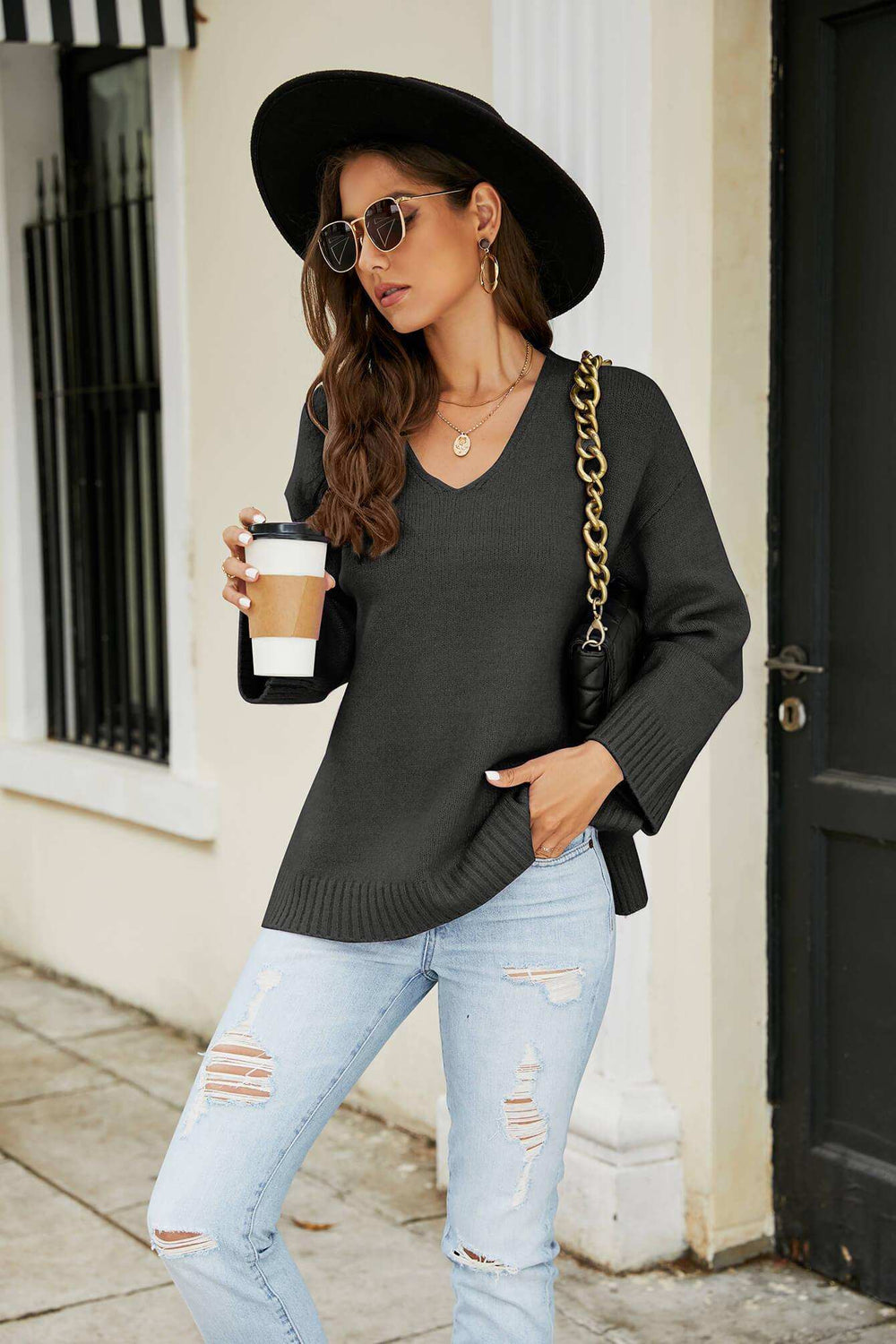 Drop Shoulder V-Neck Knit Pullover - Trendsi - Flyclothing LLC
