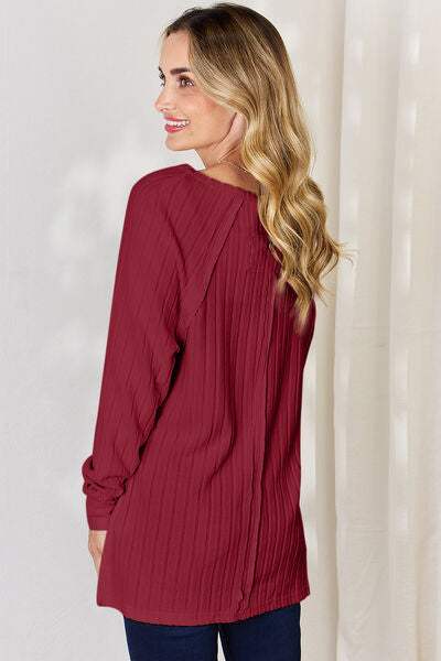 Basic Bae Full Size Ribbed Round Neck Slit T-Shirt - Trendsi - Flyclothing LLC