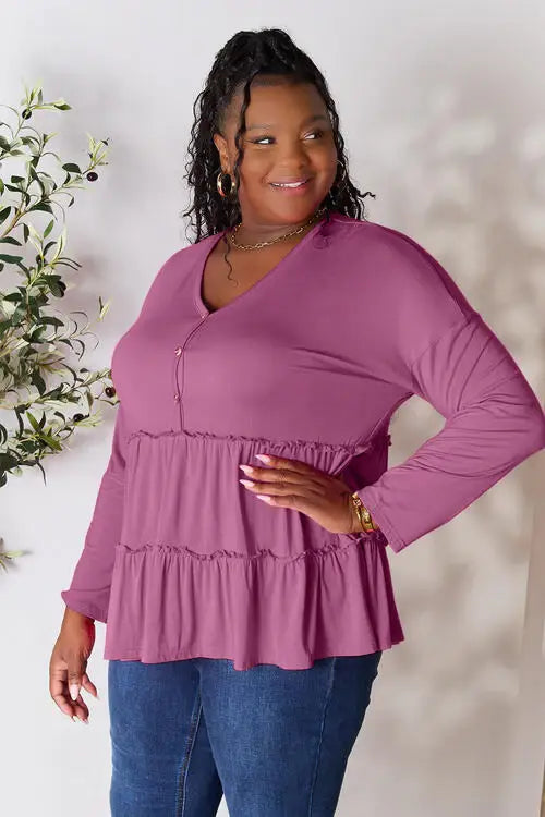 Double Take Half Button Long Sleeve Ruffle Hem Blouse - Trendsi - Flyclothing LLC