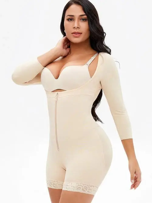 Full Size Zip Up Lace Detail Long Sleeve Shapewear - Trendsi - Flyclothing LLC