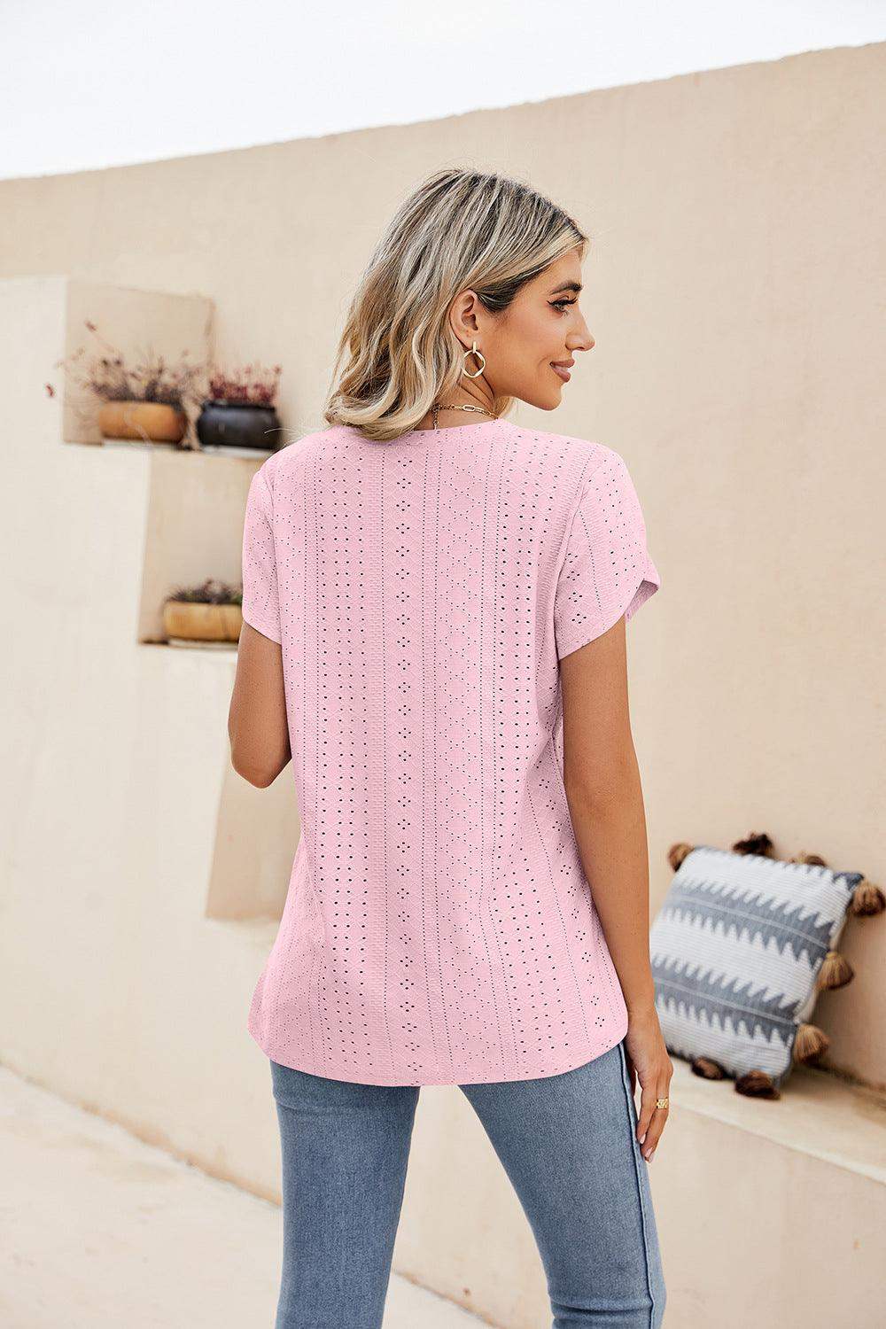 Eyelet Petal Sleeve V-Neck Knit Top - Trendsi - Flyclothing LLC