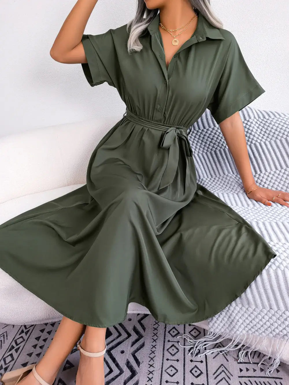 Short Sleeve Collared Tie Belt Dress - Trendsi - Flyclothing LLC