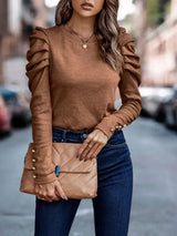 Decorative Button Puff Sleeve T-Shirt - Trendsi - Flyclothing LLC