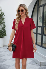 Notched Puff Sleeve Shift Dress - Trendsi