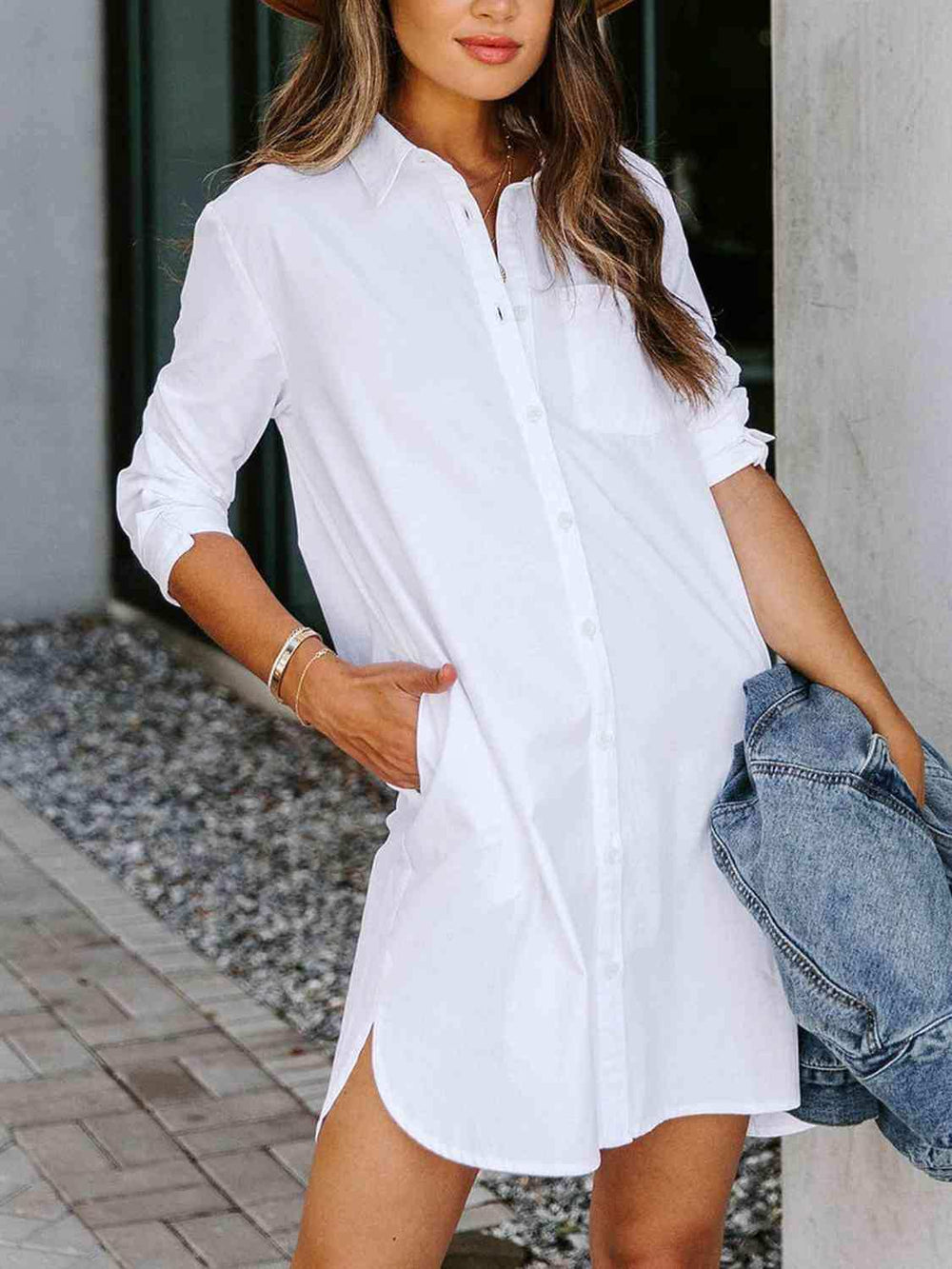 Button Up Collared Neck Long Sleeve Shirt Dress - Trendsi - Flyclothing LLC