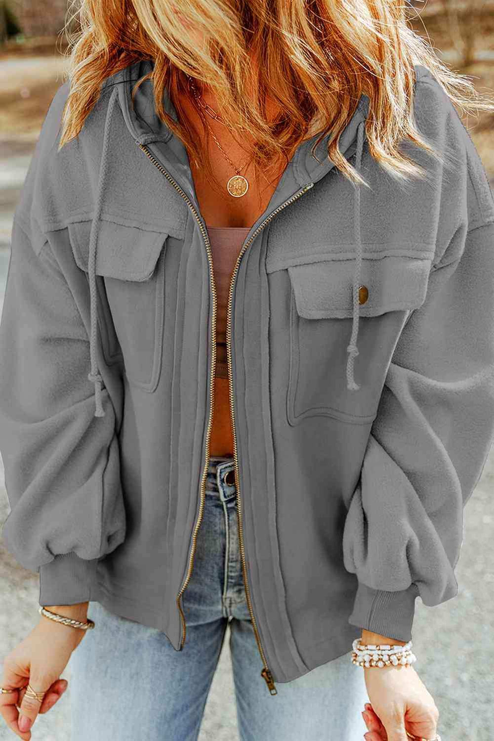 Zip-Up Drawstring Hooded Jacket - Trendsi - Flyclothing LLC