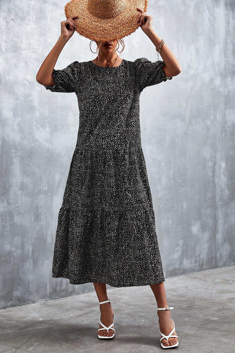 Printed Flounce Sleeve Tiered Dress - Trendsi - Flyclothing LLC