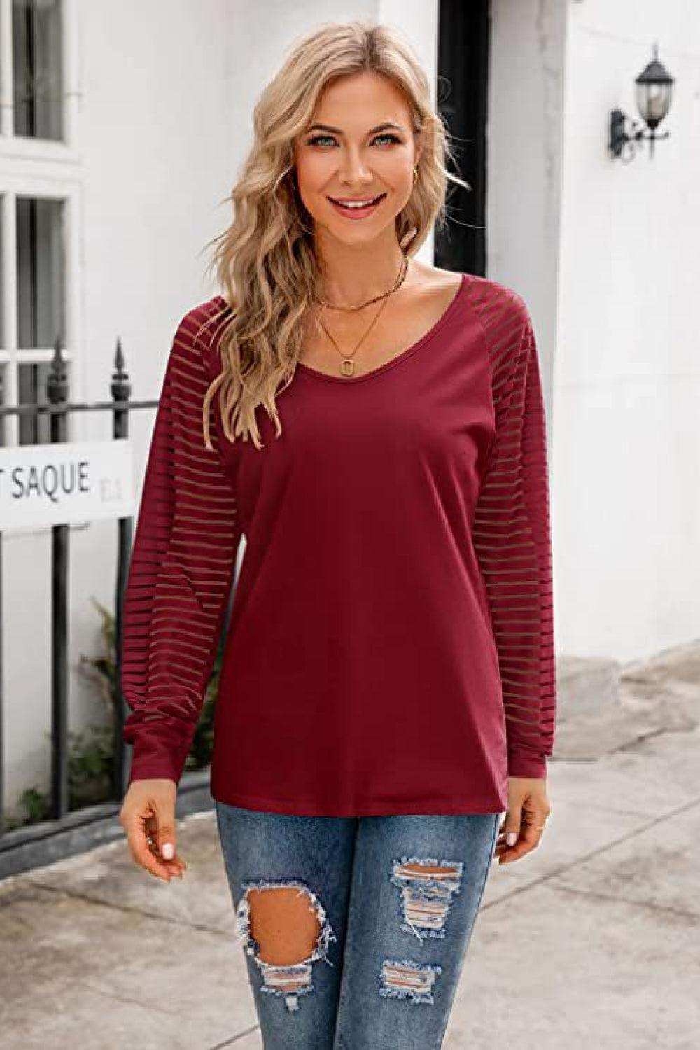 V-Neck Long Raglan Sleeve Top - Trendsi - Flyclothing LLC