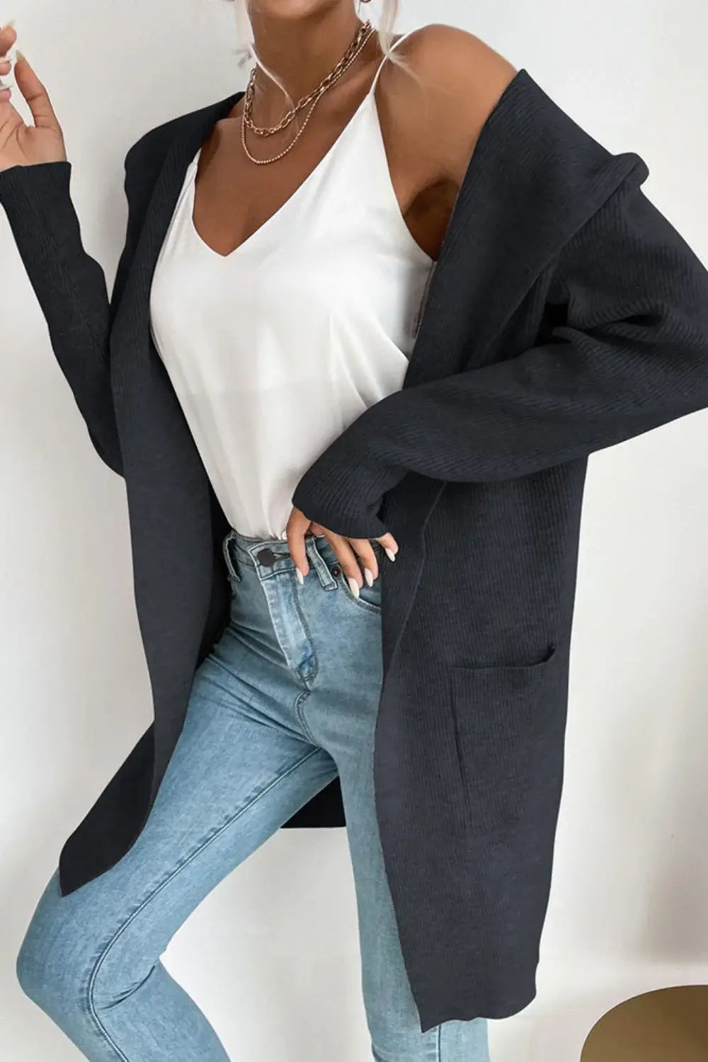 Ribbed Open Front Hooded Cardigan with Pockets - Trendsi - Flyclothing LLC