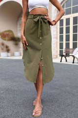 Tie Belt Frill Trim Buttoned Skirt - Trendsi - Flyclothing LLC
