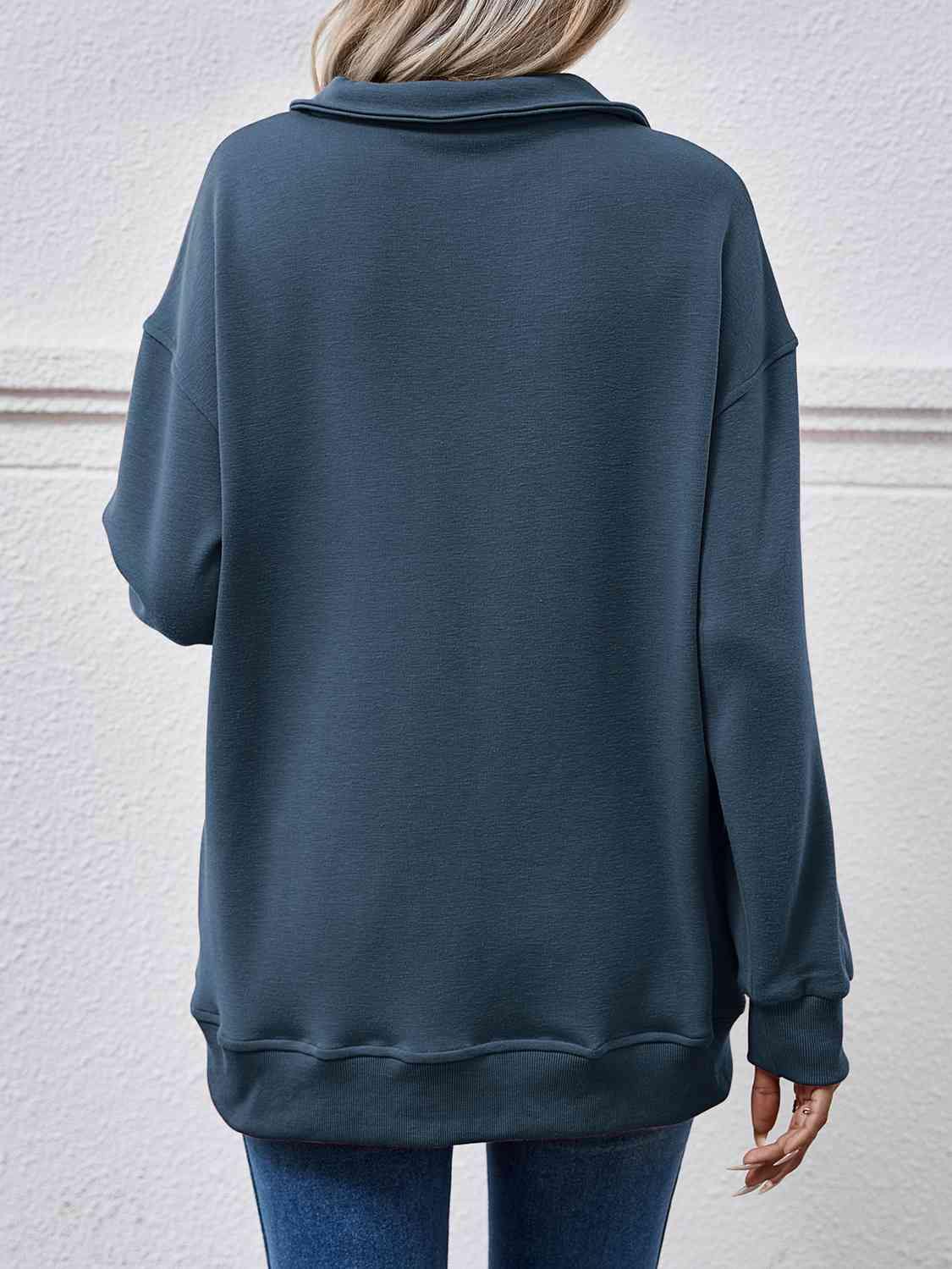 Collared Neck Dropped Shoulder Sweatshirt - Trendsi