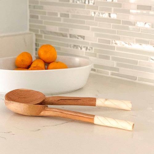 Olive Wood Salad Servers with Bone Handles, White with Etching Design - Flyclothing LLC