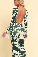 Printed Backless Long Sleeve Maxi Dress - Trendsi - Flyclothing LLC