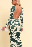 Printed Backless Long Sleeve Maxi Dress - Trendsi