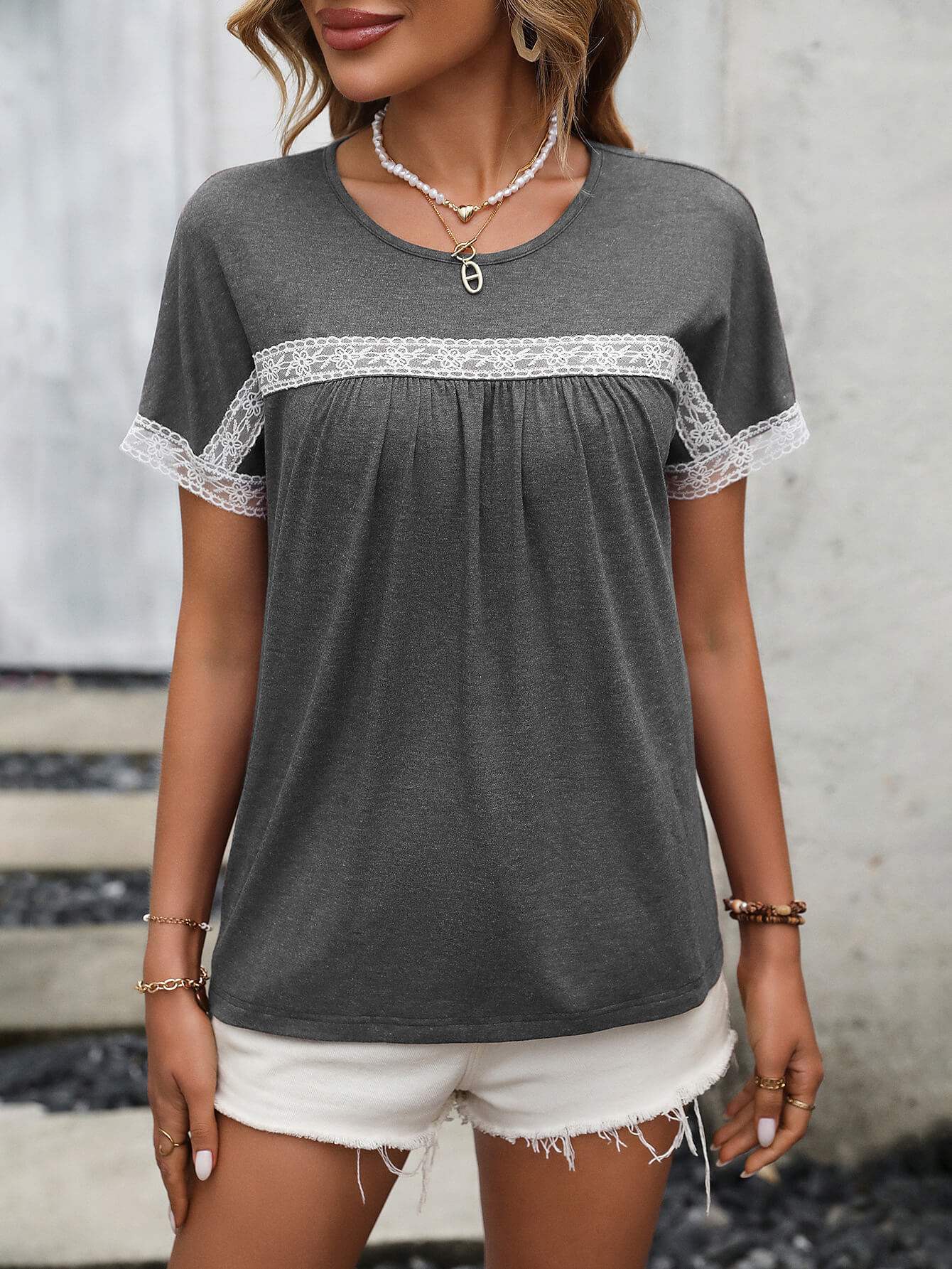 Contrast Round Neck Short Sleeve Tee - Trendsi - Flyclothing LLC
