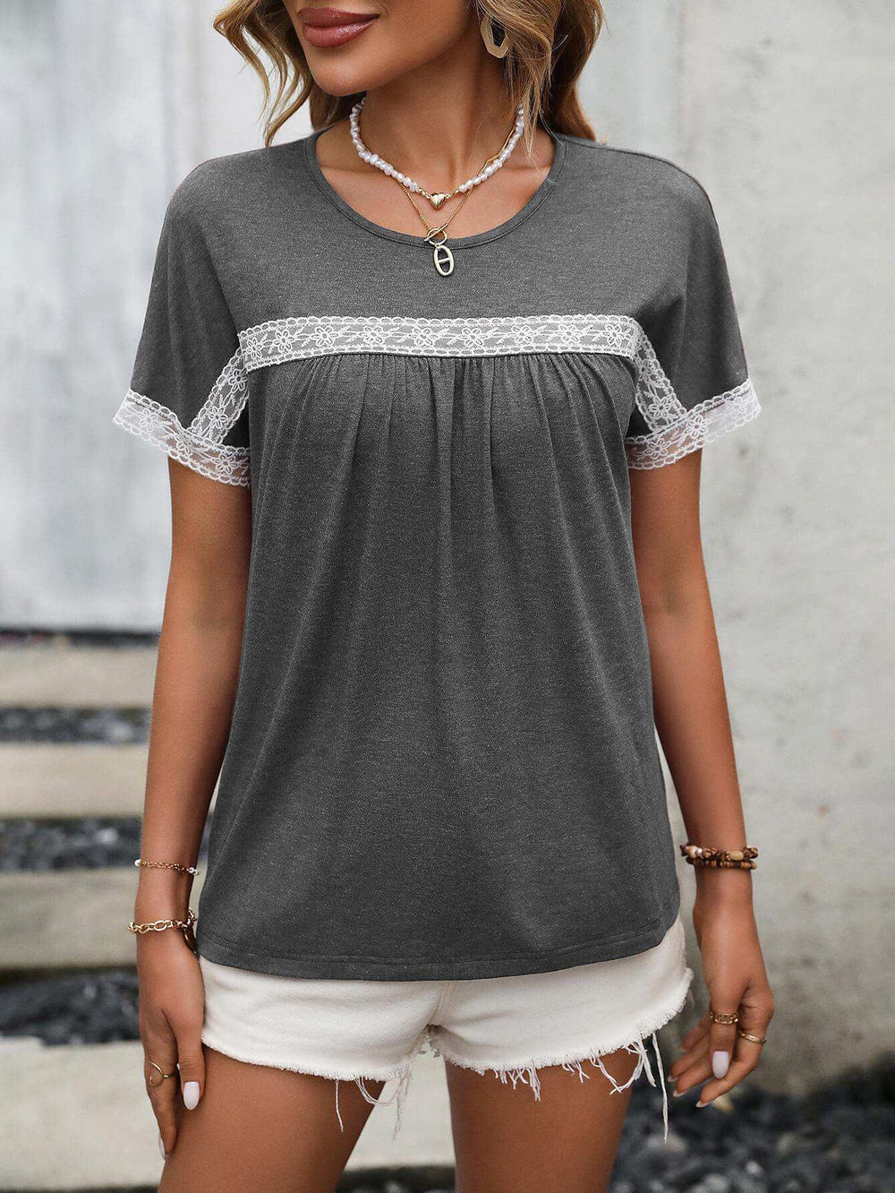 Contrast Round Neck Short Sleeve Tee - Trendsi - Flyclothing LLC