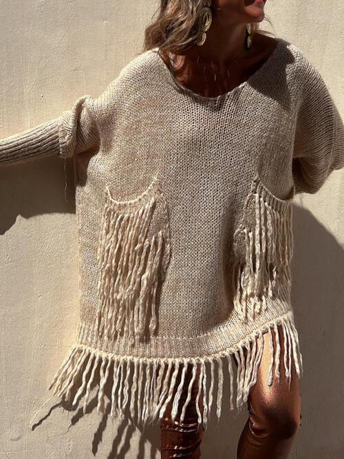 Fringe Detail Long Sleeve Sweater with Pockets - Trendsi