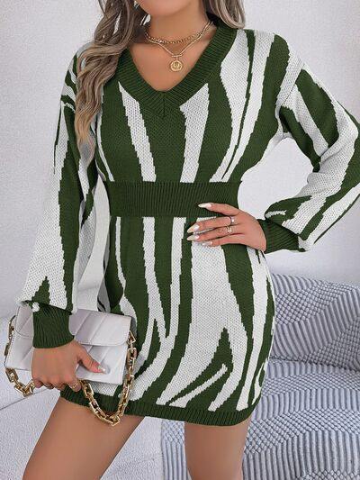 Animal Print V-Neck Long Sleeve Sweater Dress - Trendsi