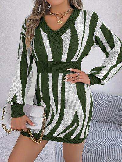 Animal Print V-Neck Long Sleeve Sweater Dress - Trendsi - Flyclothing LLC