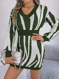 Animal Print V-Neck Long Sleeve Sweater Dress - Trendsi - Flyclothing LLC