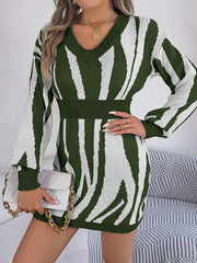 Animal Print V-Neck Long Sleeve Sweater Dress - Trendsi