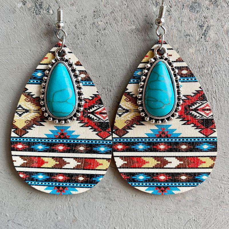 Turquoise Teardrop Shape Wooden Dangle Earrings - Trendsi - Flyclothing LLC