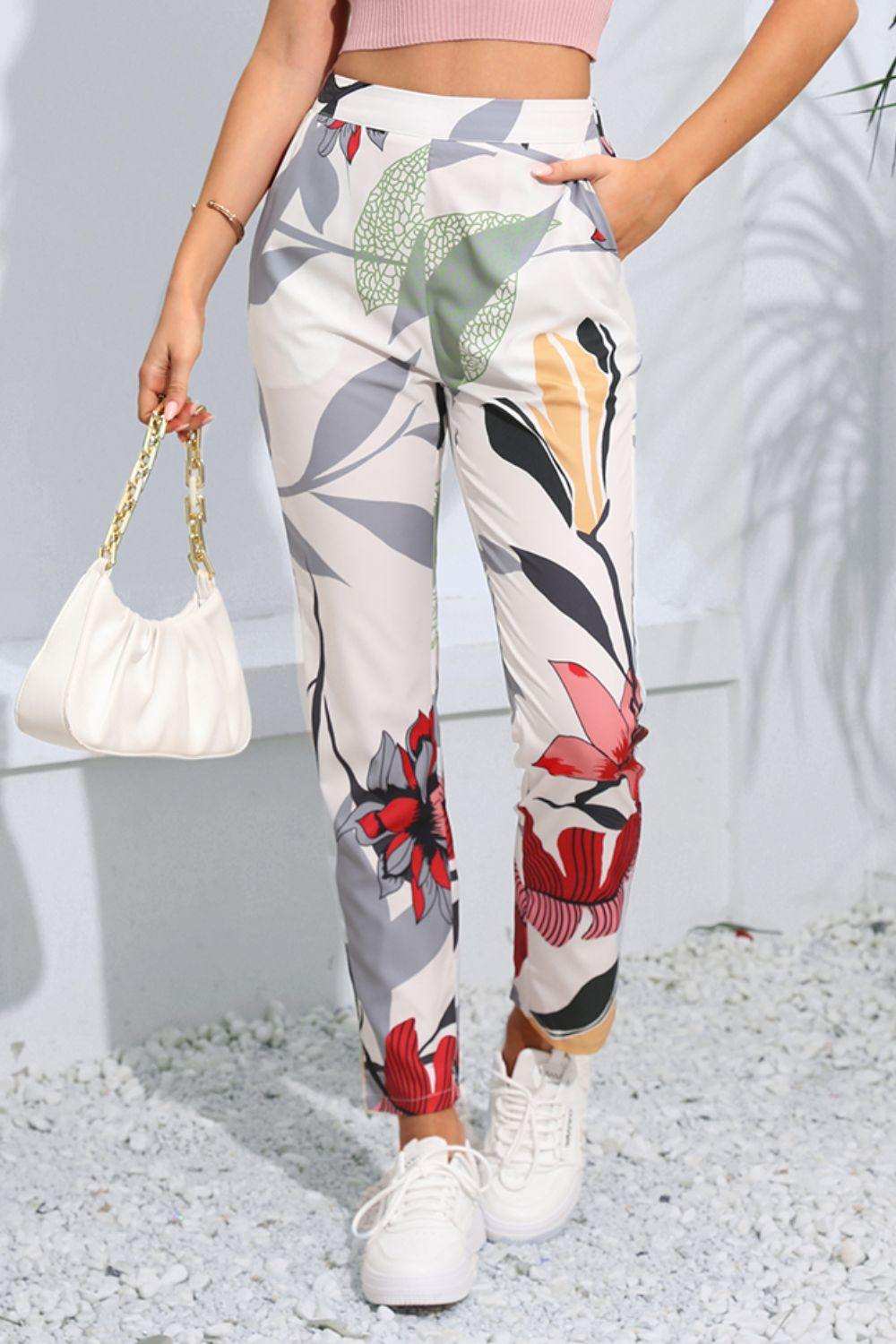 Floral Print Cropped Pants with Pockets - Trendsi - Flyclothing LLC
