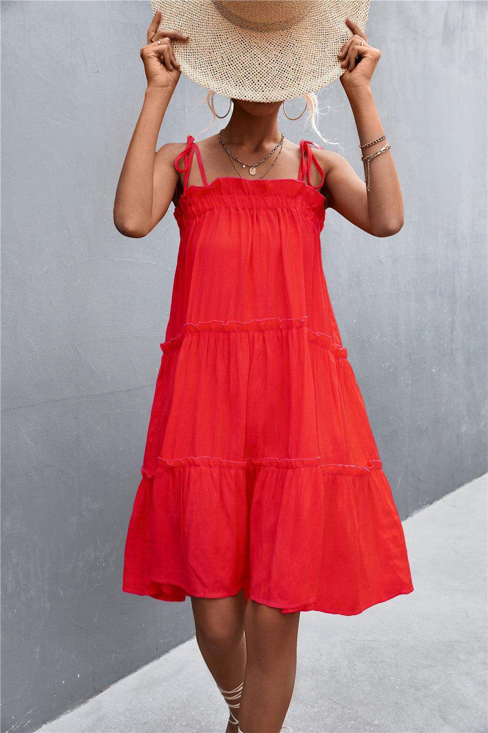Tie-Shoulder Frill Trim Sleeveless Dress - Trendsi - Flyclothing LLC