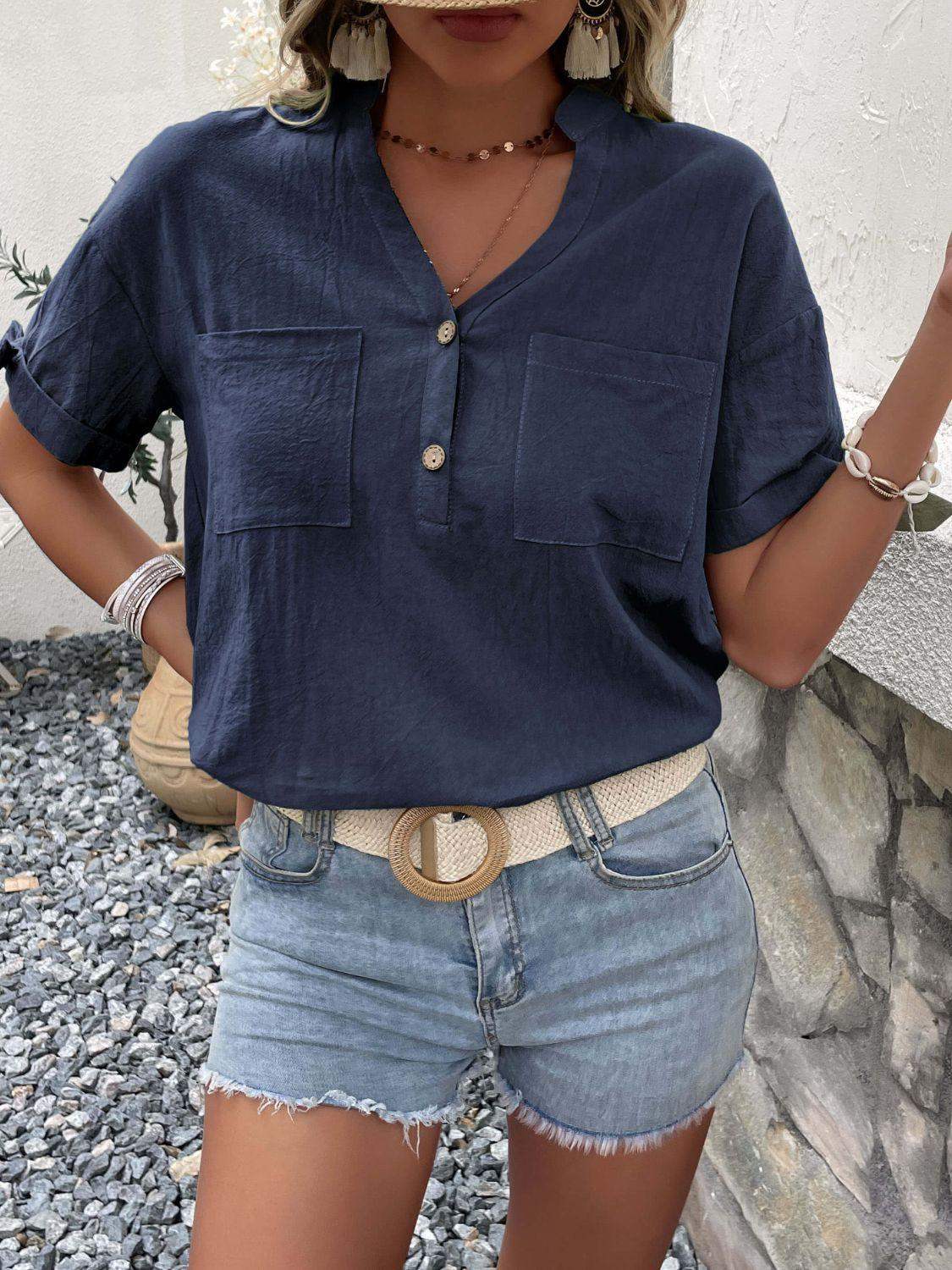 Buttoned Notched Neck Cuffed Sleeve Blouse - Trendsi - Flyclothing LLC