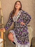 Plus Size V-Neck Balloon Sleeve Printed Midi Dress - Trendsi