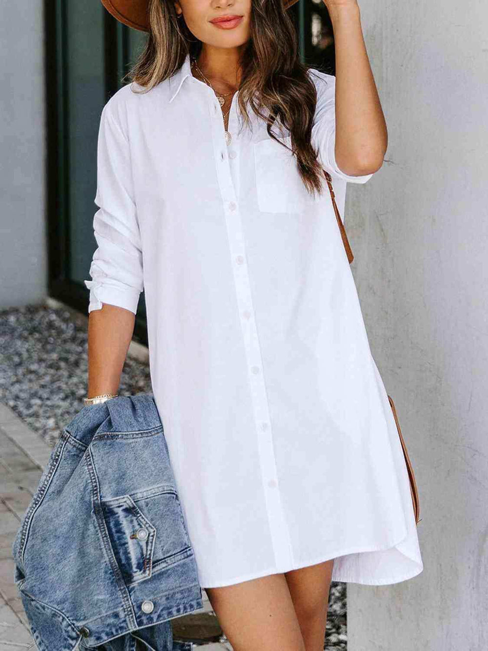 Button Up Collared Neck Long Sleeve Shirt Dress - Trendsi - Flyclothing LLC