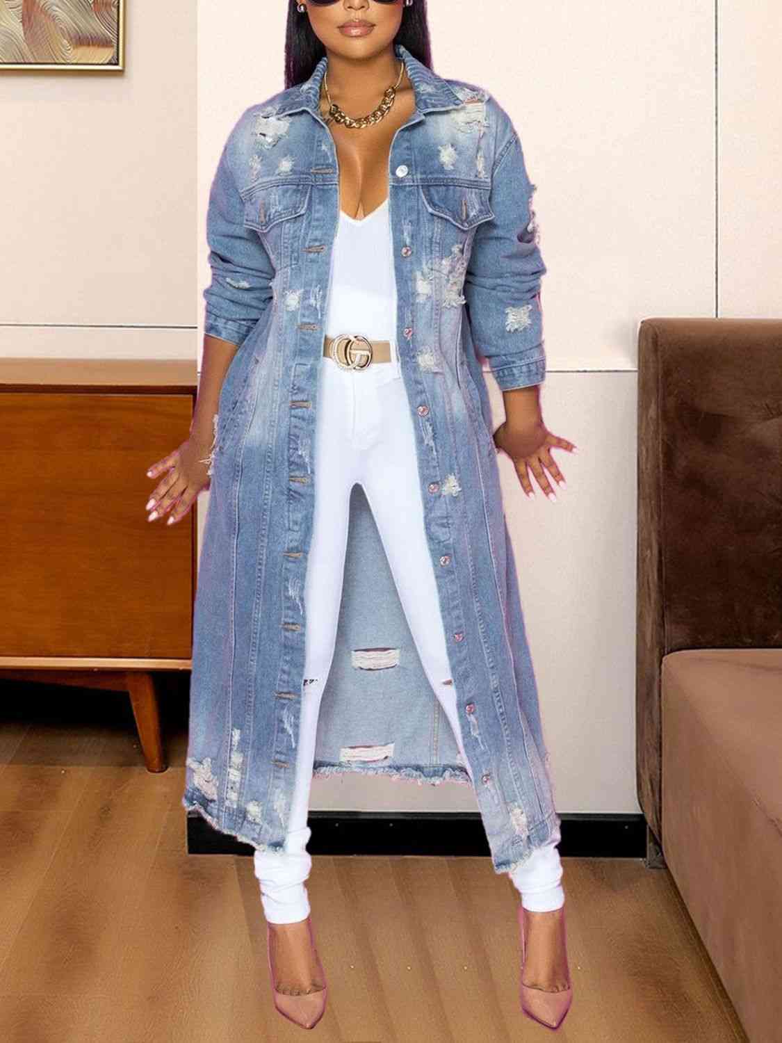 Long Sleeve Raw Hem Denim Jacket - Trendsi - Flyclothing LLC