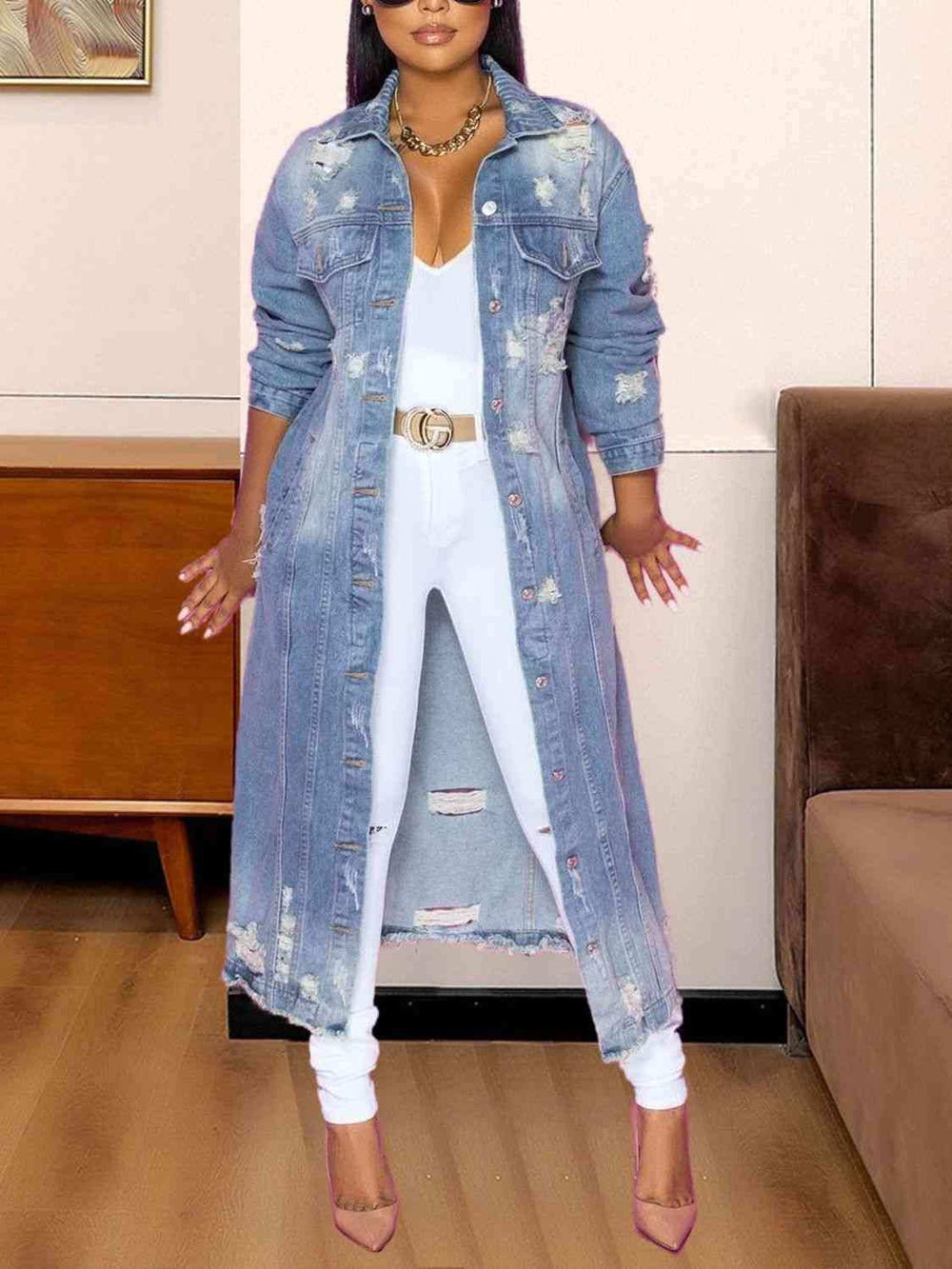 Long Sleeve Raw Hem Denim Jacket - Trendsi - Flyclothing LLC