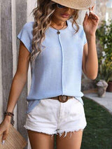 Rolled Cap Sleeve Round Neck Sweater Vest - Trendsi - Flyclothing LLC